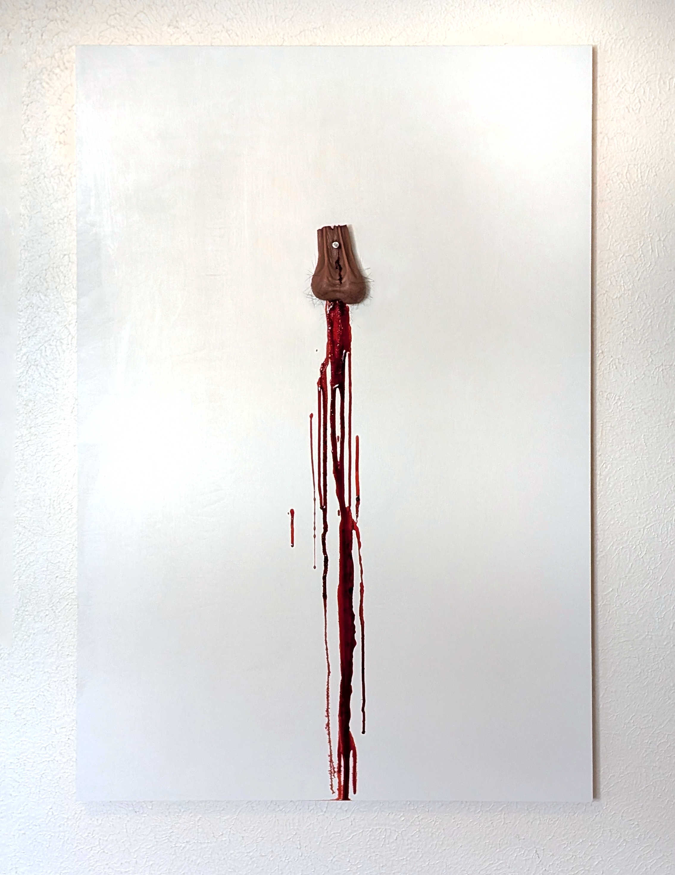 testicles nailed to a white wall with blood dripping downward